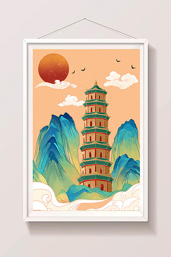 国潮中国风山水建筑手绘插画图片