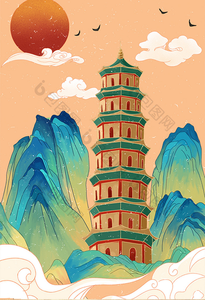 国潮中国风山水建筑手绘插画