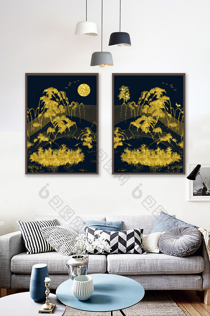 新中式臻金山水金色麋鹿抽象双联装饰画图片图片