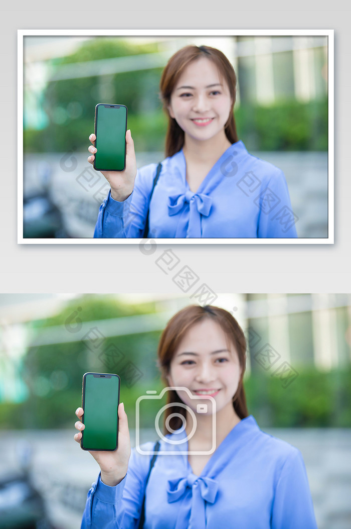 商务衬衫女手机绿屏产品图宣传笑容摄影图图片图片