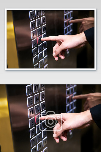 商务高层办公楼内按电梯楼层手势特写摄影图