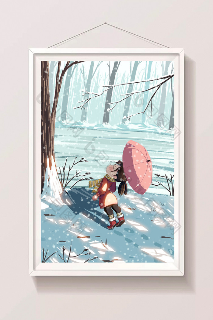 小雪下雪打伞红衣小女孩小雪插画图片图片