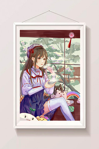 浅绿色小雪时节温馨少女家居图插画图片