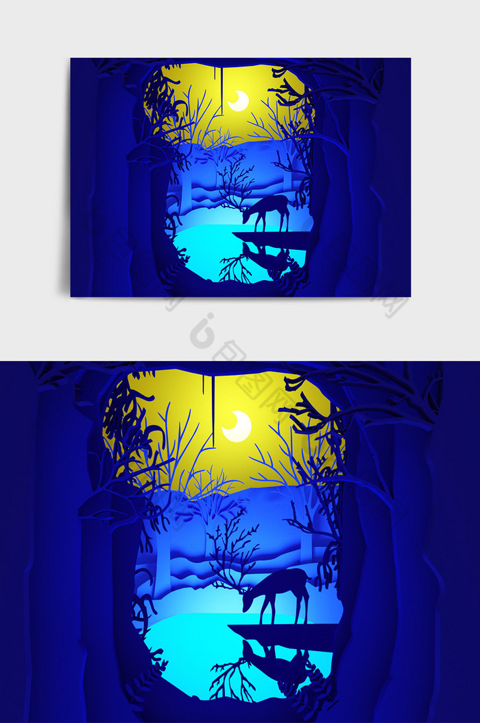 蓝黄色系剪纸风格麋鹿月光夜景C4D场景图片图片