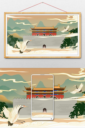红色中国风古代建筑插画图片
