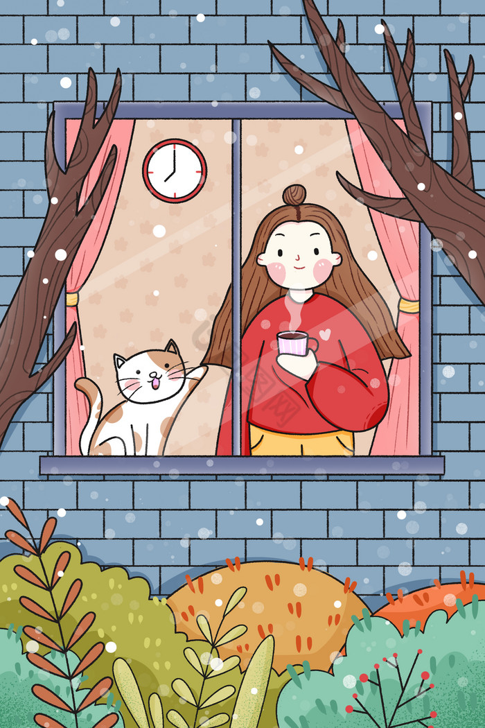 小雪女孩在家看窗外雪景插画图片