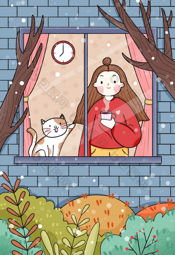 小雪女孩在家看窗外雪景卡通插画