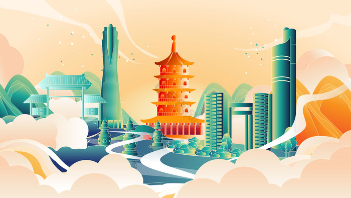杭州底边城市插画图图片