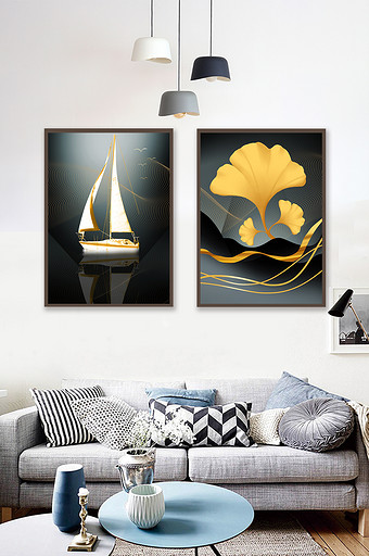 现代轻奢帆船金色银杏叶线条金色装饰画图片