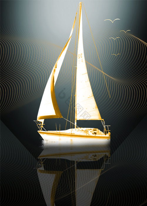 现代轻奢帆船金色银杏叶线条金色装饰画图片