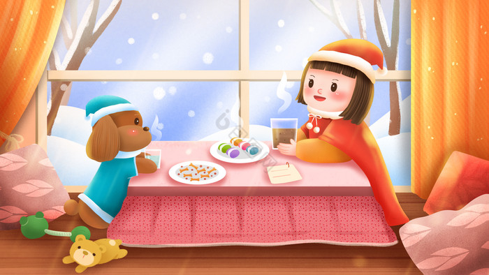 冬天女孩和狗狗在飘窗取暖插画图片