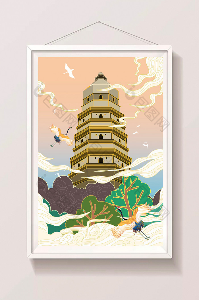 橙色中国风虎丘风景旅游插画