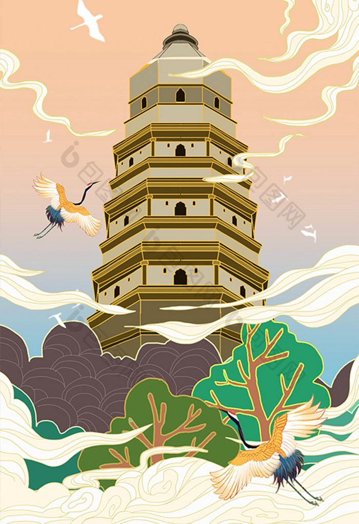 虎丘风景旅游插画