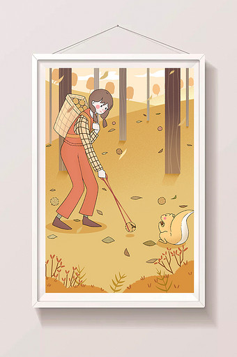 橙色秋天树林板栗松鼠女孩插画图片