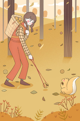 秋天树林板栗松鼠女孩插画图片