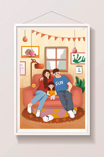 红色喜庆中国风全家幸福家庭插画图片