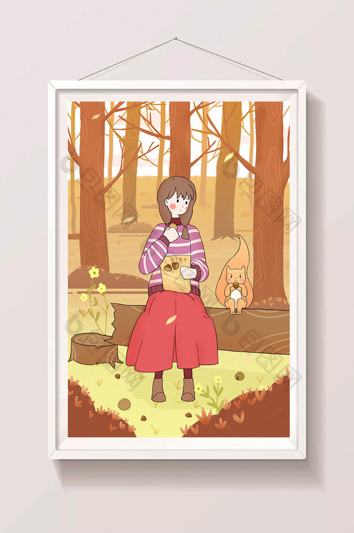 温馨秋天树林板栗松鼠女孩插画图片图片