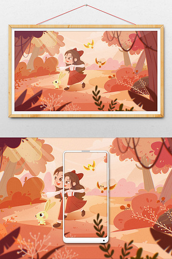 桔色秋季森林沐浴阳光的女孩插画图片