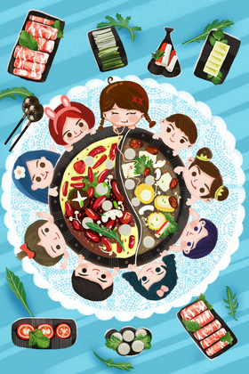 一群朋友围坐吃火锅插画冬天吃火锅图片