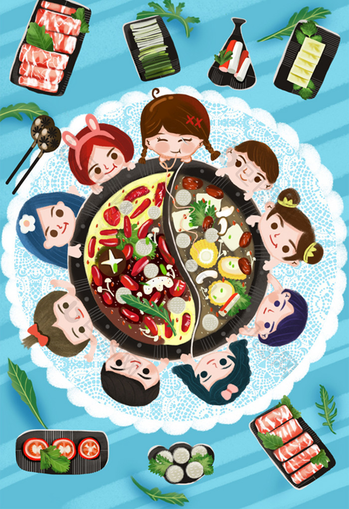 一群朋友围坐吃火锅美食插画冬天吃火锅海报