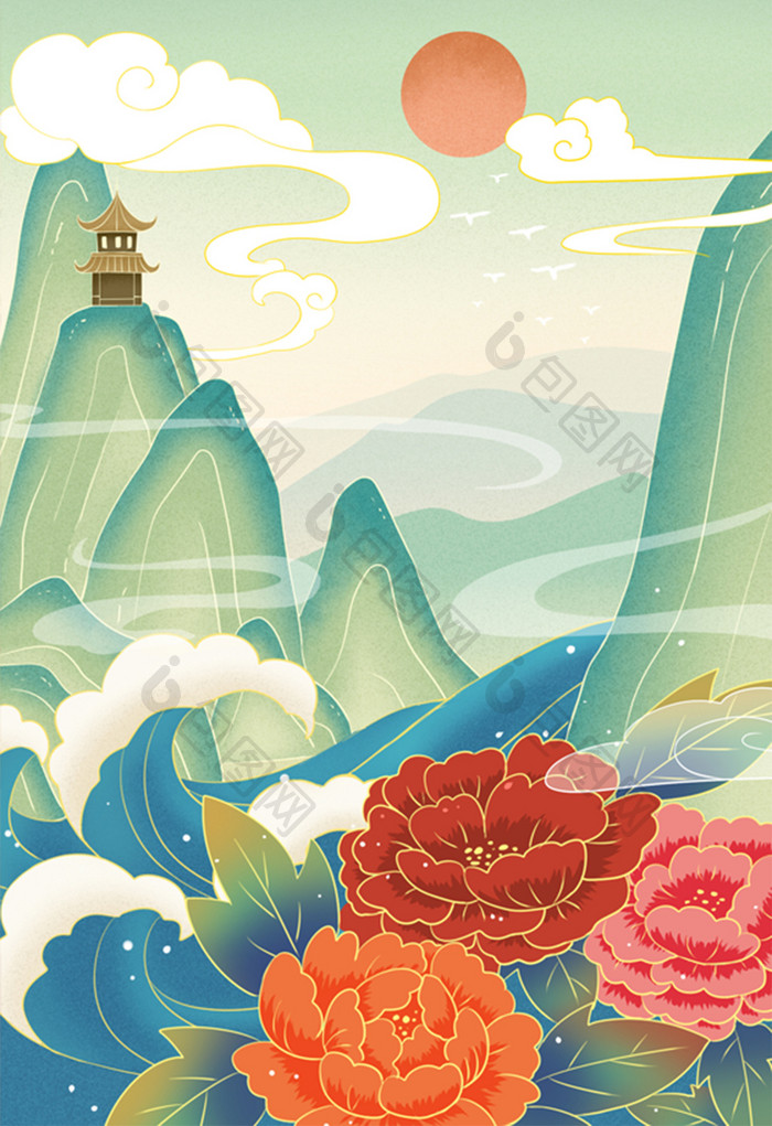 中国风国潮牡丹花中国山水风景插画