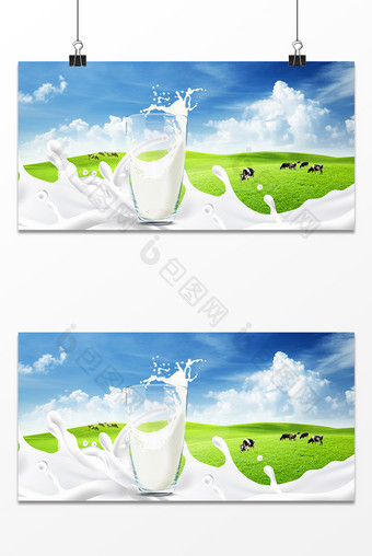 蓝天白云牛奶水果合成背景图片