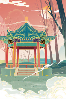 古风南亭建筑风景插画