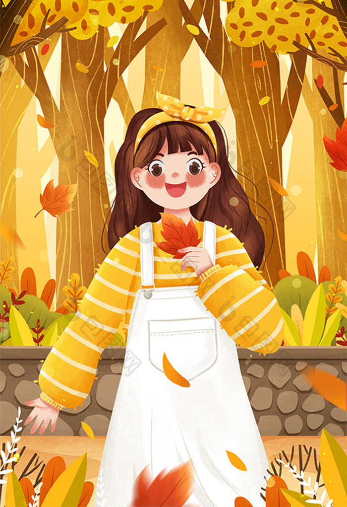 秋季树林中女孩落叶插画
