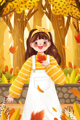 秋季树林中女孩落叶插画图片