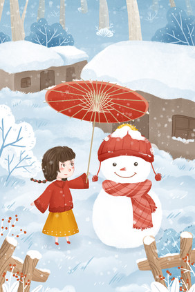 蓝色清新可爱雪人大雪节气插画