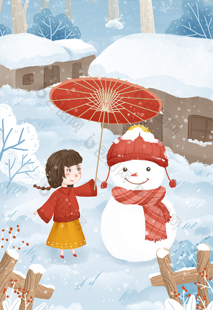 蓝色清新可爱雪人大雪节气插画