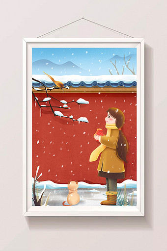 唯美清新冬天看雪和鸟的女孩插画图片
