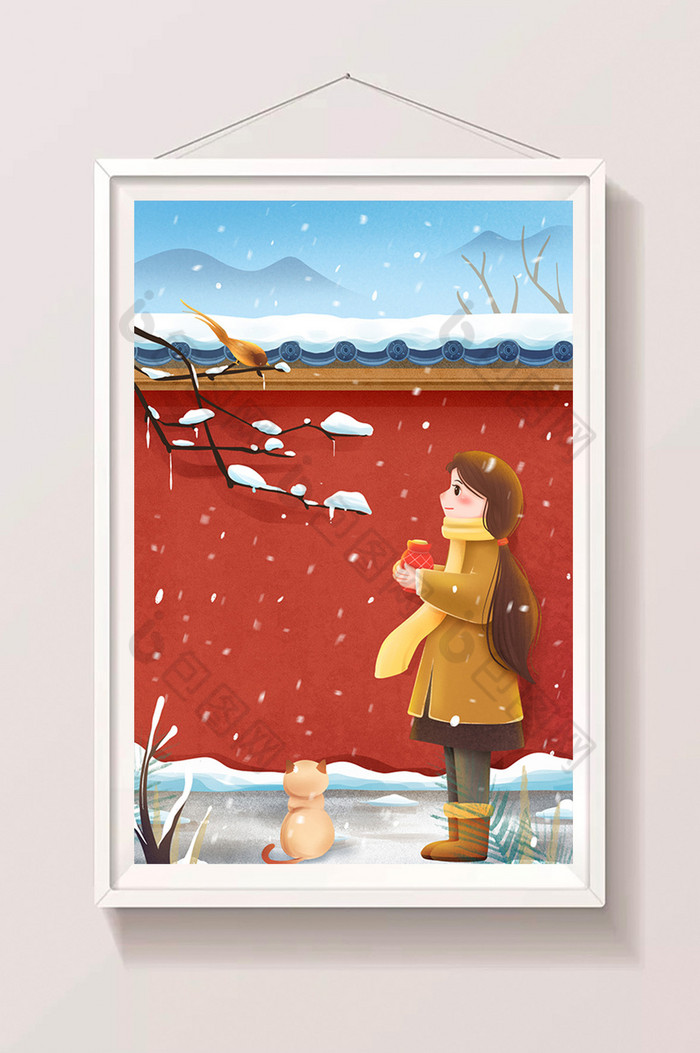 冬天看雪和鸟的女孩插画图片图片