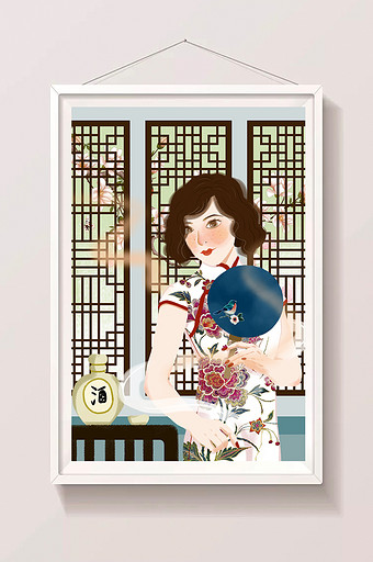 白色古风扁平风美女美酒插画图片