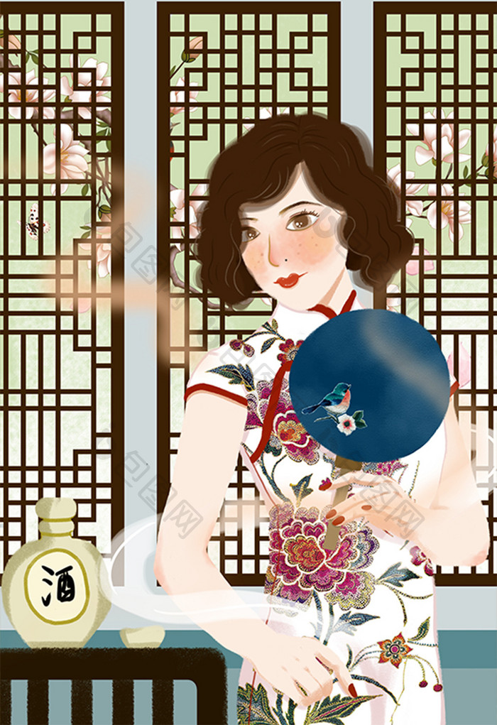 白色古风扁平风美女美酒插画