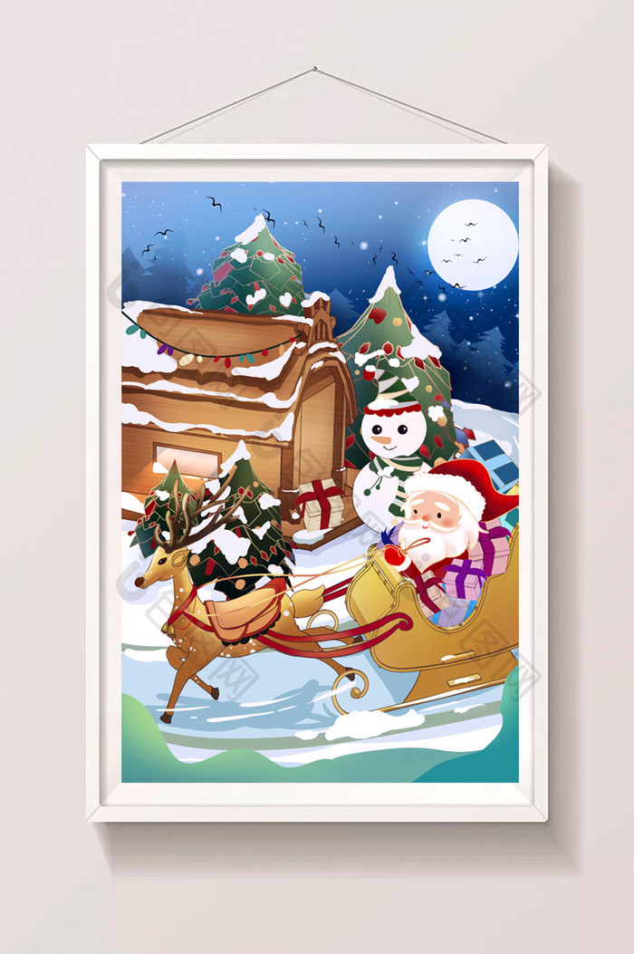 平安夜圣诞节圣诞老人雪橇车送礼物插画