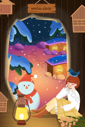 暖色冬季雪天树洞雪人小女孩插画
