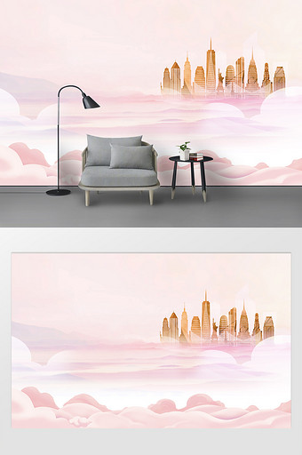 彩色水彩天空海市蜃楼朦胧城市客厅背景墙图片