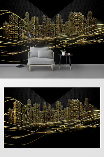 现代简约时尚黑金质感城市电视背景墙图片