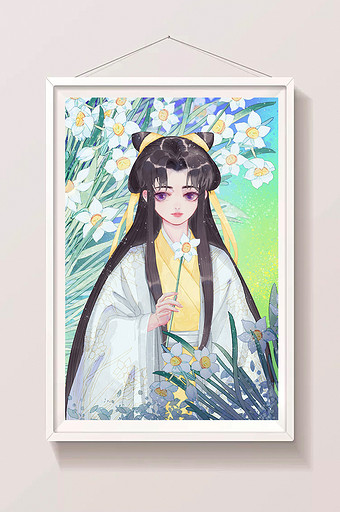 古风水墨水彩水仙小美女插画图片