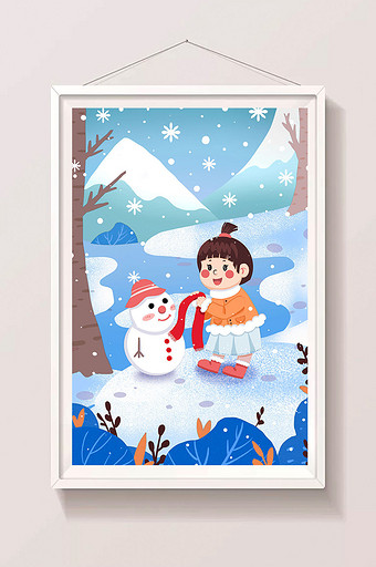 蓝色扁平风冬天萌娃堆雪人插画图片