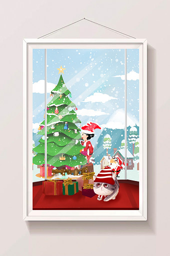 窗外圣诞节男孩坐在圣诞树前可爱温馨插画图片