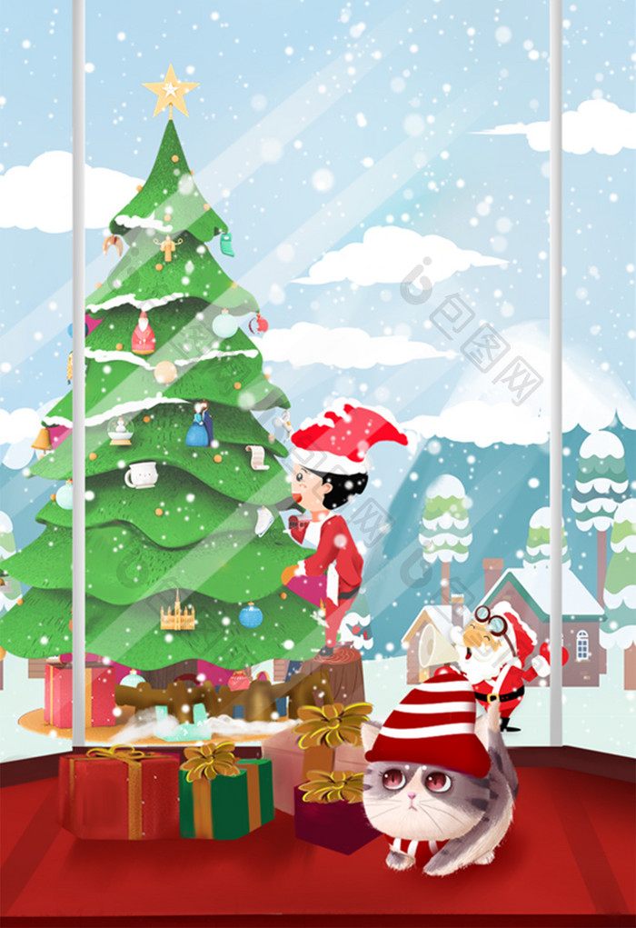 窗外圣诞节男孩坐在圣诞树前可爱温馨插画