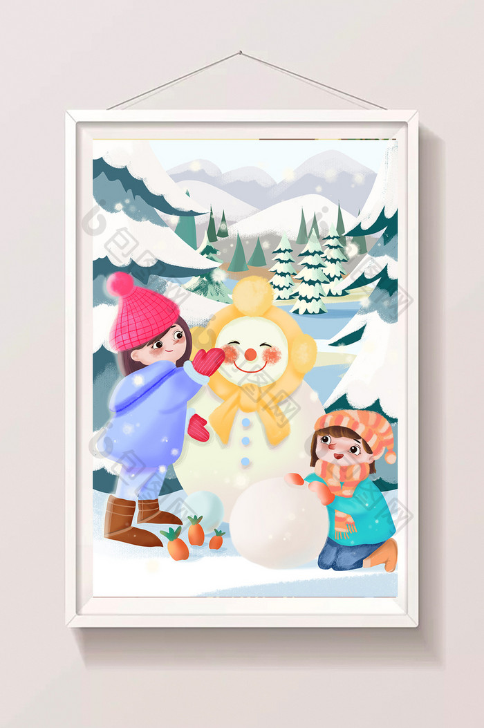 蓝色扁平风可爱女孩堆雪人大雪节气插画