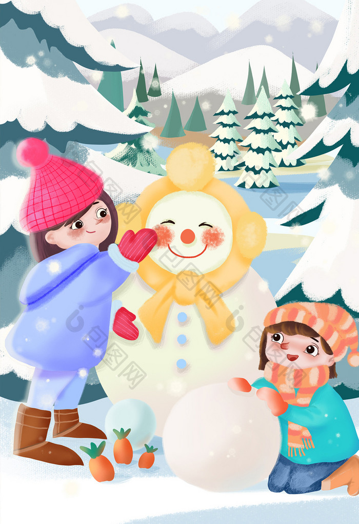 蓝色扁平风可爱女孩堆雪人大雪节气插画