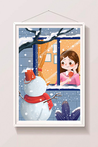 蓝色温馨场景女孩与雪人节气插画图片