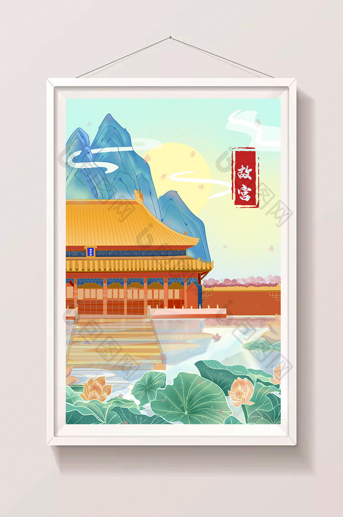 青绿建筑中国风插画