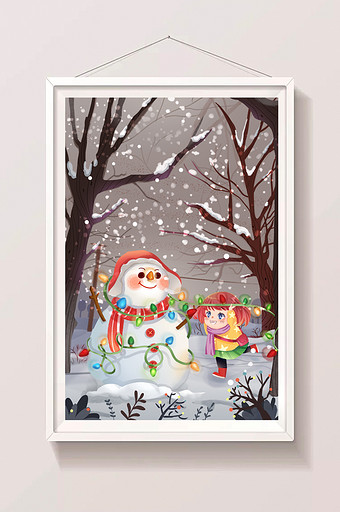 褐色温馨女孩给雪人挂彩灯场景插画图片