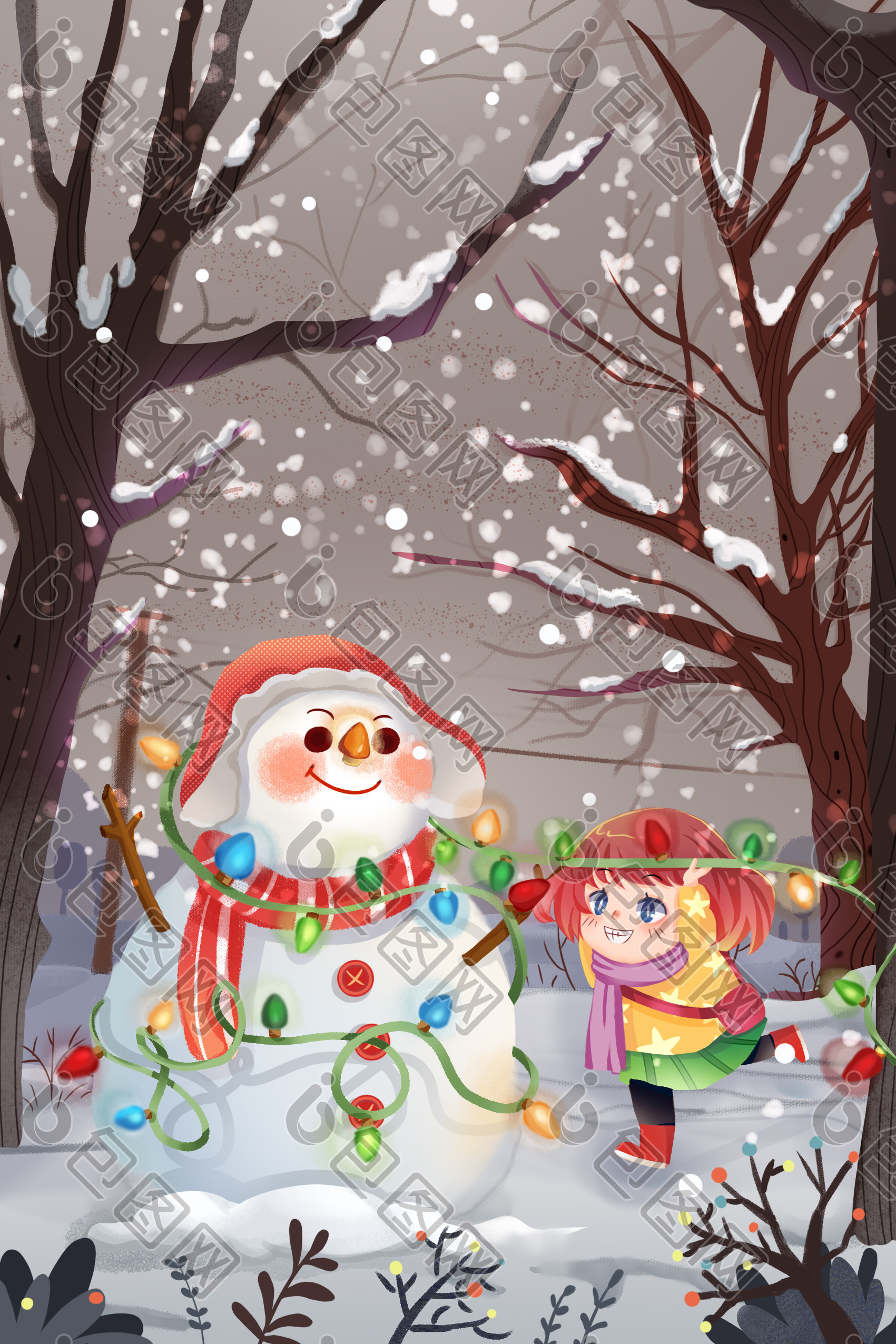 好看的褐色温馨女孩给雪人挂彩灯场景插画素材免费下载,本次作品主题