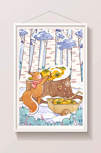 冬天松鼠囤食物清新插画图片